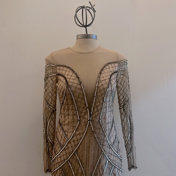 Aidan Mattox beaded illusion deep V-Neckline long sleeve midi dressy dress - Picture 3 of 11